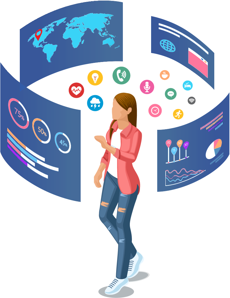 Illustration of woman interacting with screens that float around her.